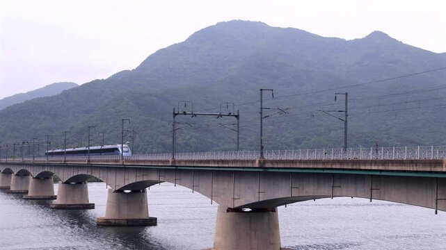 Train on Yangsu Railway Bridge over Bukhangang