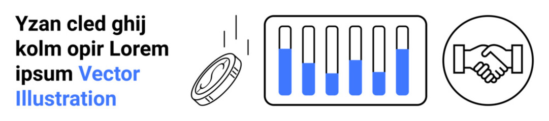 Coin dropping beside a bar chart with blue bars, paired with a handshake icon. Ideal for finance, investments, partnerships, collaboration, analytics, economic growth, simple landing page