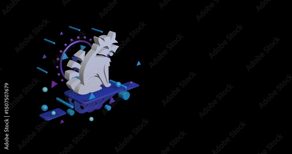 Poster white raccoon symbol on a pedestal of abstract geometric shapes floating in the air. abstract concep