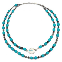 Elegant Beaded Eyeglass Chain with Handmade Loops Turquoise and Hematite Double Strand Necklace