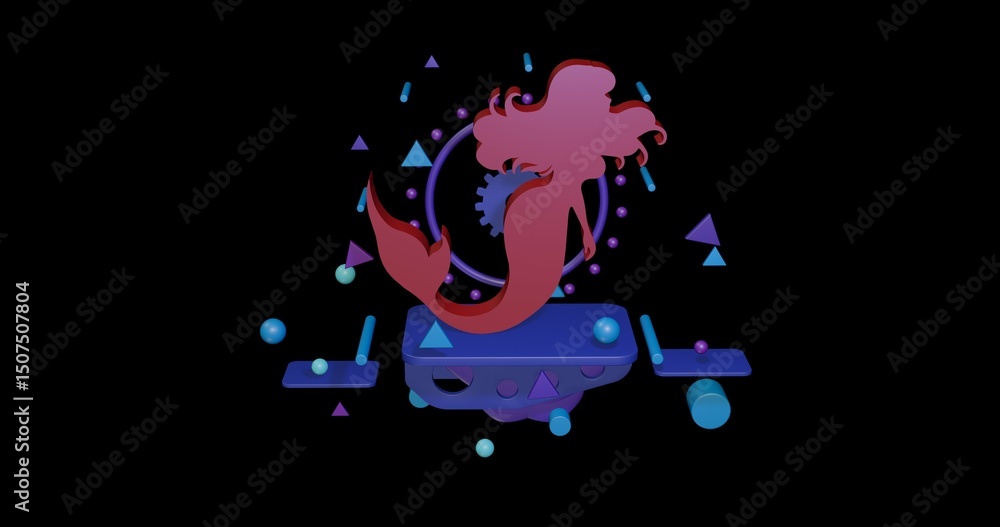 Poster red mermaid symbol on a pedestal of abstract geometric shapes floating in the air. abstract concept 