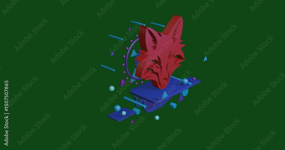 Aufkleber red fox's head symbol on a pedestal of abstract geometric shapes floating in the air. abstract conce