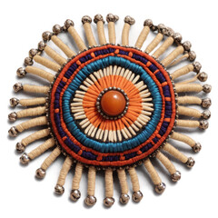 Tribal Textile Brooch with Bead Border Handcrafted Circular Sunburst Design
