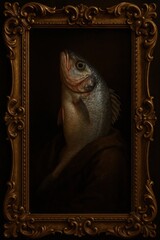 A striking, artistic portrayal of a fish framed elegantly in an ornate gold frame, blending art and nature in a unique composition.