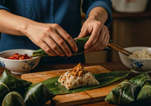 Hands Wrapping Zongzi Rice Dumpling with Bamboo Leaf