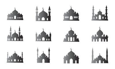 Colorful Mosque silhouette vector icon set illustration on white background.	