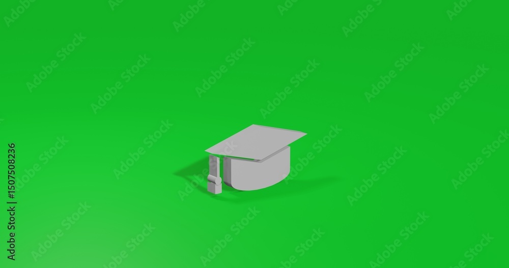 Poster isolated realistic white square academic cap symbol front view with shadow. 3d illustration on green