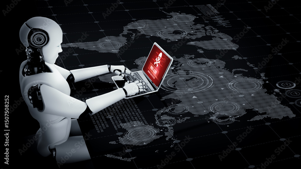 Poster robot humanoid use laptop and sit at table for global network connection using ai thinking brain , a