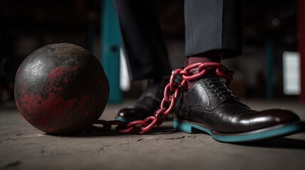 Foot shackled to heavy metal ball. Symbolic burden setting.