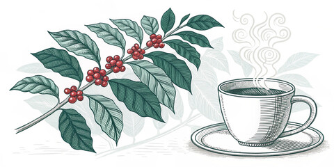 Obraz premium line drawing of a coffee cup and coffee plant background