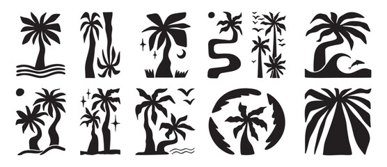 Doodle hand drawn palms boho trendy bold silhouette elements, hippie palm tree poster icon set © Yanka