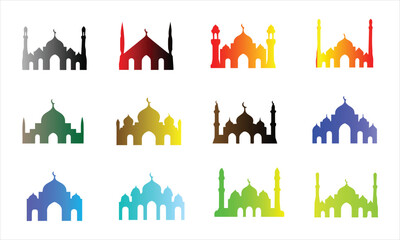 Colorful Mosque silhouette vector icon set illustration on white background.	