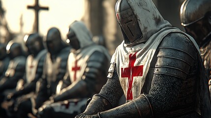 Row of medieval knights in armor with red crosses