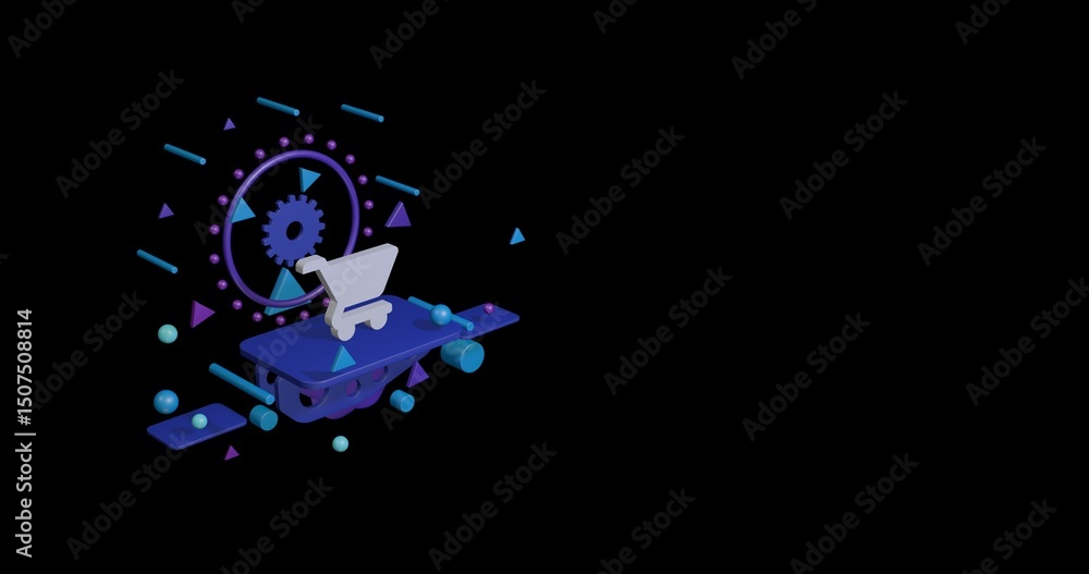 Poster white shopping cart symbol on a pedestal of abstract geometric shapes floating in the air. abstract 