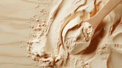 Vanilla Protein Powder in Scoop on Wooden Background.