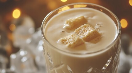 Vanilla Protein Shake in a Glass with Ice Cubes