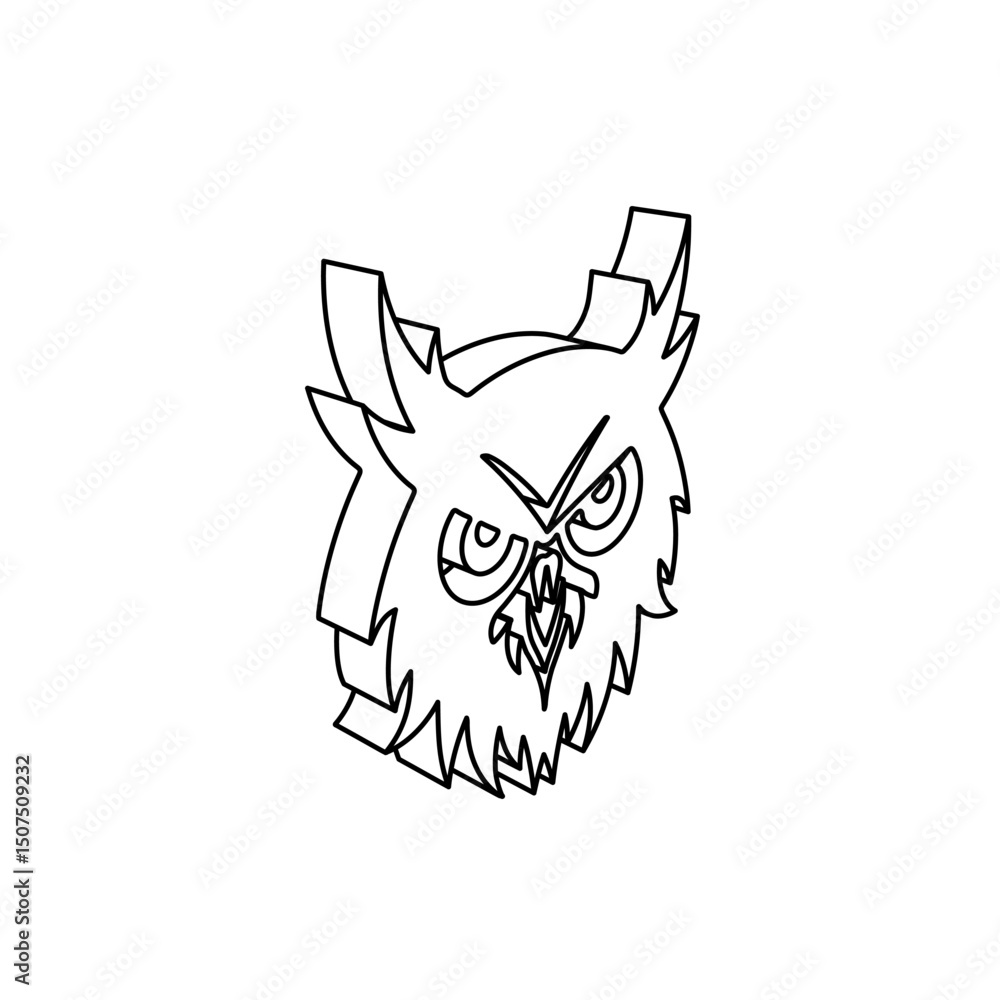 Poster the outline of a large owl head symbol is made with black lines. 3d view of the object in perspectiv
