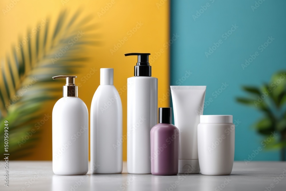 Poster display of assorted body lotion products with vivid background and blank space for branding