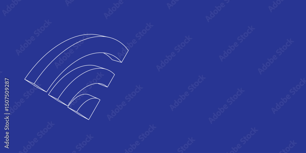 Poster the outline of a large wifi symbol made of white lines on the left. 3d view of the object in perspec