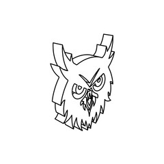 The outline of a large owl head symbol is made with black lines. 3D view of the object in perspective. Vector illustration on white background