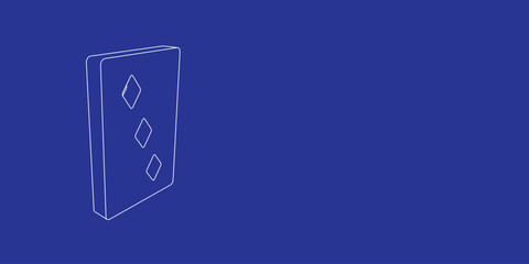 The outline of a large Three of diamonds playing card made of white lines on the left. 3D view of the object in perspective. Vector illustration on indigo background