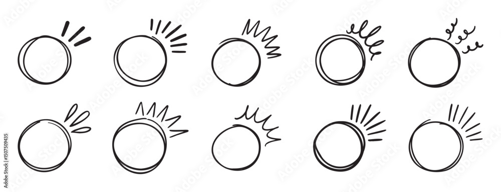 Poster circle brackets doodle line for quotation set. sparkle ray elements. hand drawn round frame for titl