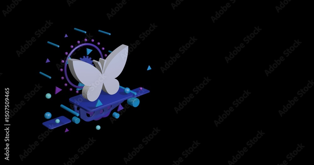 Poster white butterfly symbol on a pedestal of abstract geometric shapes floating in the air. abstract conc