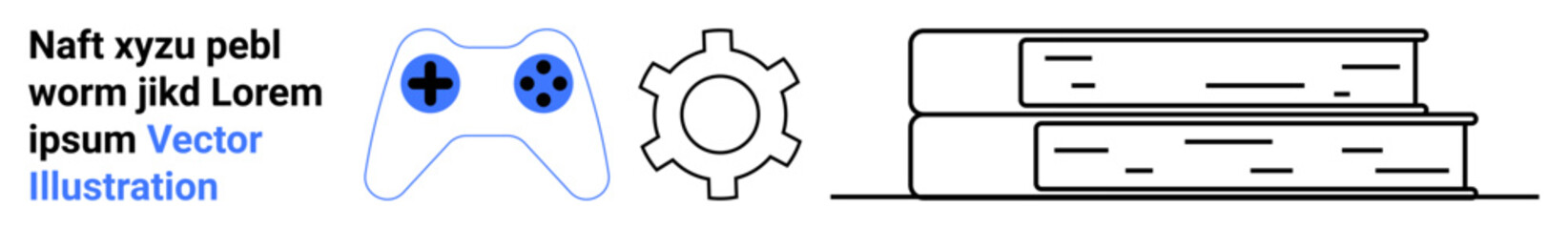 Gaming controller, gear symbol, and stacked books illustrating a balance of technology, education, and entertainment. Ideal for video games, e-learning, engineering, STEM innovation tech culture