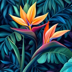 Vibrant tropical flower and leaf design.