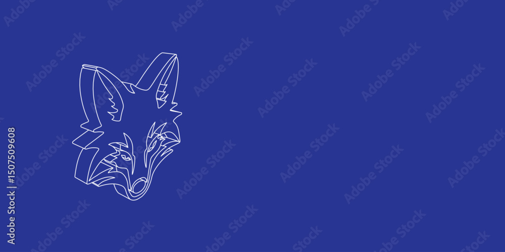 Poster the outline of a large fox's head symbol made of white lines on the left. 3d view of the object in p