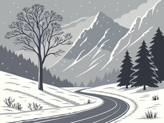 Snowy winter mountain road winding through pine trees, scenic landscape perfect for seasonal and nature-themed designs.