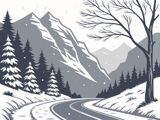 Snowy winter mountain road winding through pine trees, scenic landscape perfect for seasonal and nature-themed designs.