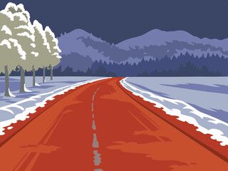 Snowy winter mountain road winding through pine trees, scenic landscape perfect for seasonal and nature-themed designs.
