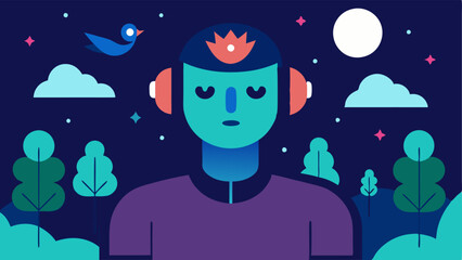 Naklejka premium Nature Connection A biohacker in an outdoor setting wearing a headset with eyes closed absorbed in deep thought. Surrounded by trees and birds illustrating a balance between