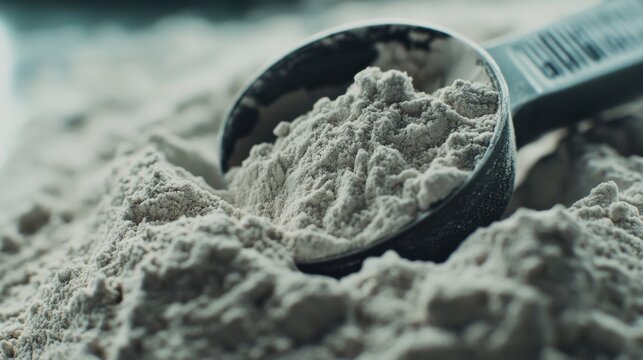 Measuring Spoon Resting on Protein Powder Heap