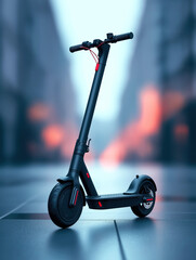 Electric scooter parked on wet pavement with futuristic city lights in background