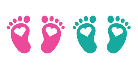 Baby footprint in the heart.Vector stock illustration for poster. Symbol of pregnancy or childbirth.White baby footprints in black heart.Baby footprints inside of  heart. Pink and Blue Baby Footprint.