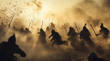 Ancient warriors charging into battle through dust