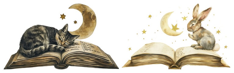 PNG Whimsical animals reading books, element set on transparent background