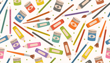Seamless pattern with colorful art supplies like pencils, paints, and markers in fun cartoon flat style. Perfect for school designs, kids projects, creative backgrounds, and stationery themes.