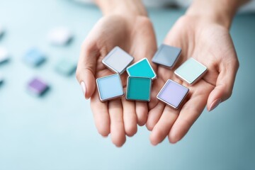 Hands hold colorful assembly modules for innovative projects and creative technology development