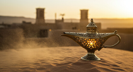 Golden Aladdin Lamp on Desert Sand Dunes at Sunset