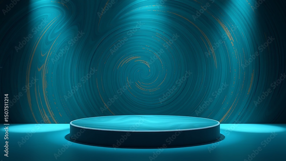 Poster teal and gold swirl background with circular product display platform