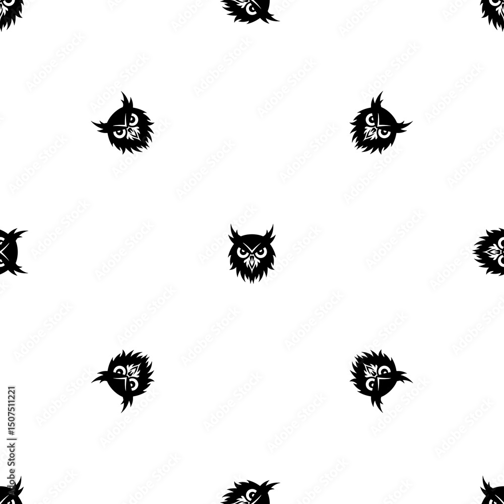 Poster seamless pattern of repeated black owl head symbols. elements are evenly spaced and some are rotated