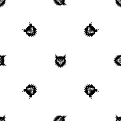 Seamless pattern of repeated black owl head symbols. Elements are evenly spaced and some are rotated. Illustration on transparent background