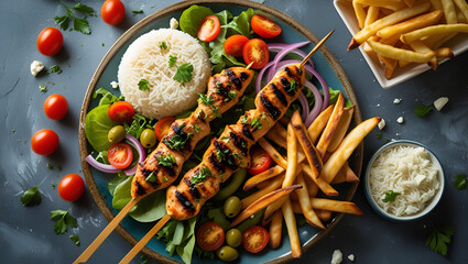 Rustic Mediterranean Chicken Platter with Rice, Fries, Salad, and Pita – Overhead Food Photography