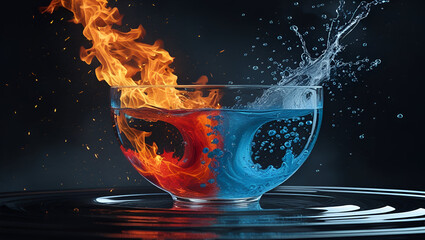 Elemental Harmony: Hyper-Realistic Fire and Water in a Transparent Glass Bowl

