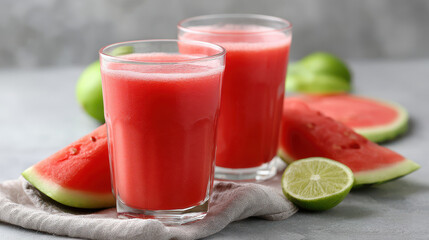 refreshing summer scene featuring aromatic smoothie made from fresh berries placed on light table