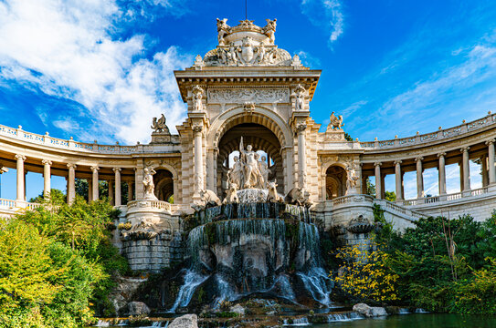 Water Cascade and Sculptures at Longchamp Palace, Marseille, France. Historic Monument and Garden