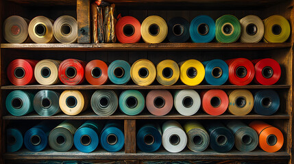 Fototapeta premium An organized shelf filled with colorful vinyl coils arranged neatly for creative craft and design projects, ideal for modern art displays and storage solutions.